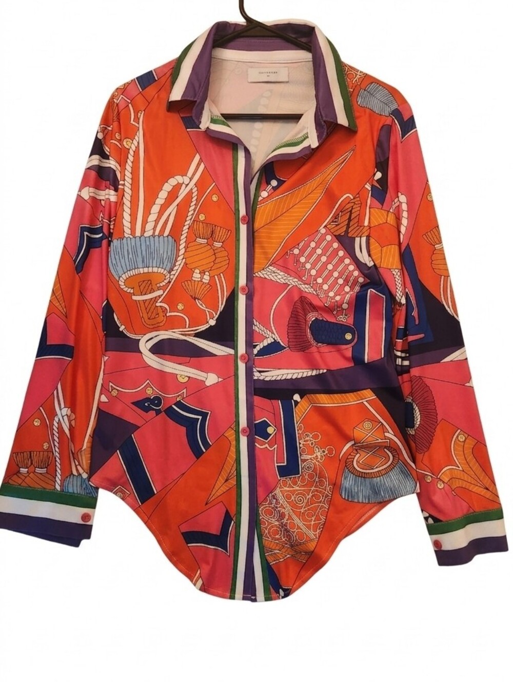 HalfHeart Vibrant Silk-Style Printed Button-Up Shirt in Orange & Pink Sz Medium